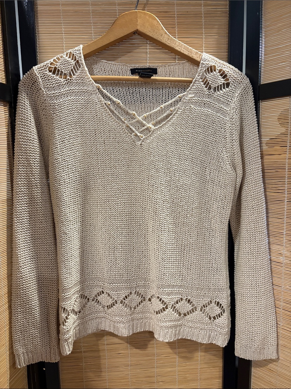 BCBGMaxAzria Cream Open Knit V-Neck Sweater